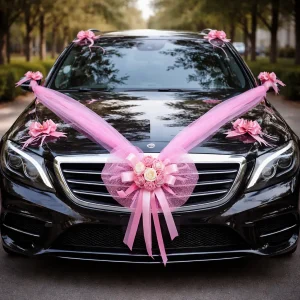 Ruban à Nœud Fleuri Rose Voiture Mariage
